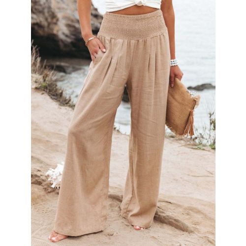 Cotton Casual Plain Scramble Wide Leg Pants With Elastic Band