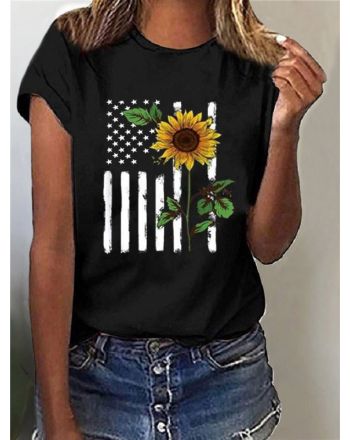 Casual Crew Neck Sunflower T-Shirt