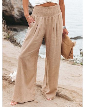 Cotton Casual Plain Scramble Wide Leg Pants With Elastic Band